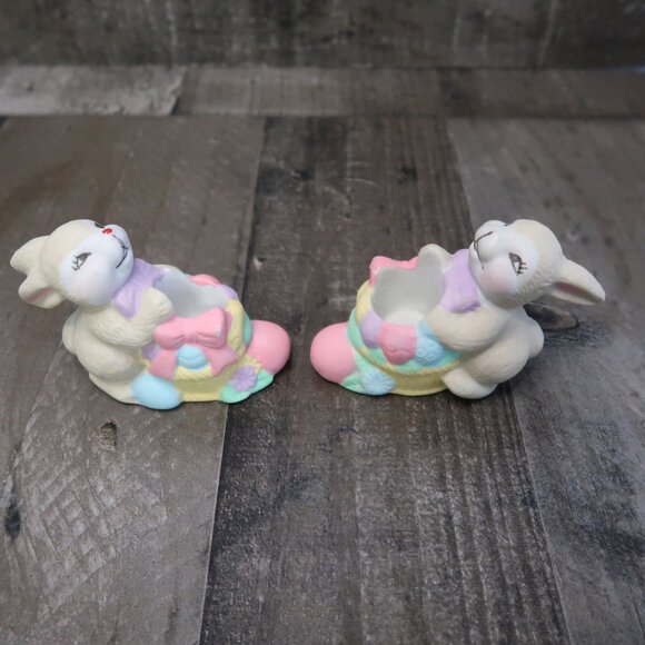 Pair of Porcelain Easter Bunny Candlestick Holders Vintage Easter Egg Rabbit - Picture 2 of 5